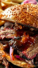 Wall Mural - A texas brisket sandwich close up, food design, dynamic, dramatic compositions, with copy space. 