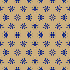 Vector floral minimal seamless pattern. Luxury dark blue and gold abstract geometric background with simple small flower silhouettes. Elegant golden ornament texture. Repeated design for decor, print