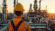 © Людмила Мазур - A man in an orange hard hat stands in front of a large industrial plant. Concept of industrial activity and the importance of safety in such environments