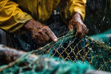 Fisherman repairing net in rain, close-up of skilled artisan at work