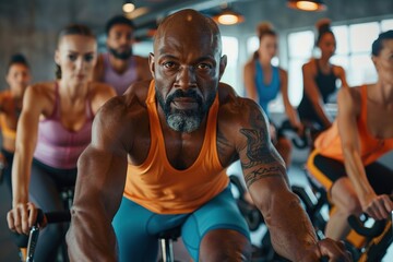 Wall Mural - Fit mature black man in sportswear doing a cycling class with a group of diverse people in a gym