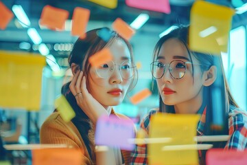 Wall Mural - two young businesswomen brainstorming with adhesive notes in modern office teamwork concept