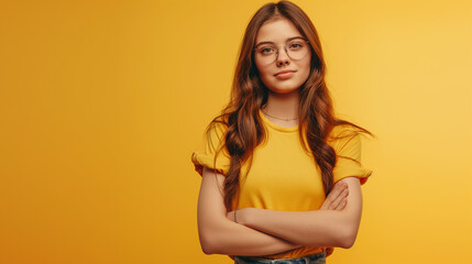 An attractive young girl wearing casual clothes standing isolated over a yellow background, Confident and Casual., Young Woman in Bright Yellow Sweater Against a Sunny Background
