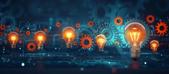 Wall Mural - An illustration of gears and light bulbs on a dark blue background, representing innovation in digital marketing with AI technology for online advertising.