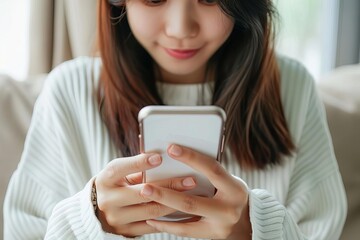 Poster - woman typing on phone for online conversation business communication concept