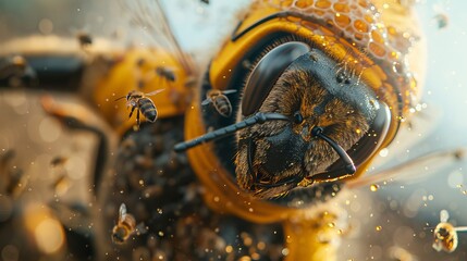 Wall Mural - A stunning close-up of a bee with detailed textures on a honeycomb, surrounded by bubbles