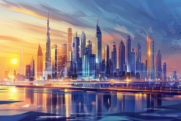Dubai city UAE amazing futuristic cityscape skyline with luxury skyscrapers future art illustration 