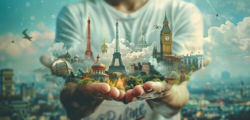 A person holding famous landmarks in their hands, with clouds floating above and travel elements around it.