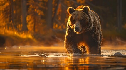 Wall Mural - Majestic Brown Bear at Sunrise in Misty River. Wildlife in Golden Light. Nature Photography for Decor and Stock. Serene Animal Portrait. AI