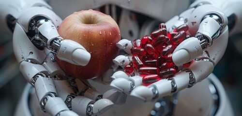 Wall Mural - A top-down view of two robotic arms, one holding an apple and the other holding vibrant red pills on a light blue background.