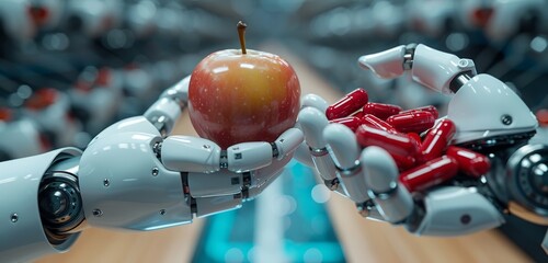 Wall Mural - A top-down view of two robotic arms, one holding an apple and the other holding vibrant red pills on a light blue background.