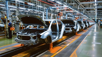 Mass production assembly line of modern cars in a busy factory