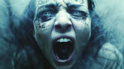 A close-up of an emotional woman screaming with tears and dark makeup smeared under her eyes
