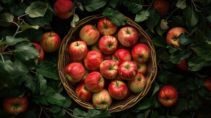 Wall Mural - Fresh apples arranged in a rustic basket against a backdrop of greenery, a picturesque symbol of nature's bounty