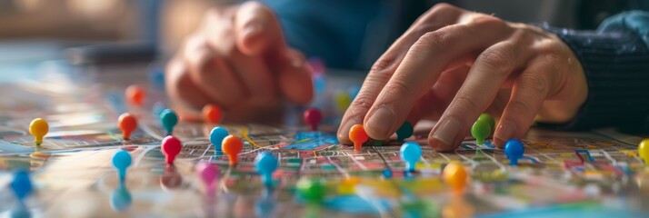 Closeup of hands pointing at a city map on a table with colorful pins, concept for planning and project management in urban development.