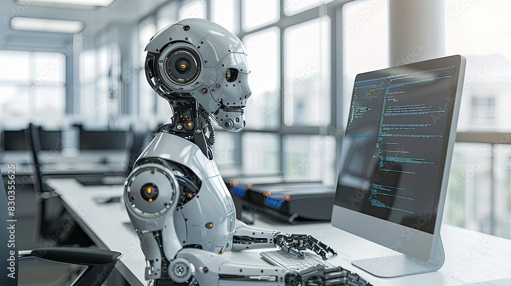 Robot assistant working on a computer, performing tasks with mechanical precision in an office
