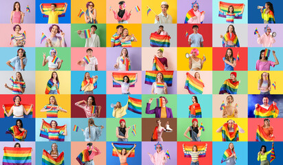 Sticker - Collage of many people with LGBT flags on color background