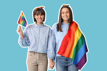 Wall Mural - Young lesbian couple with LGBT flags on blue background