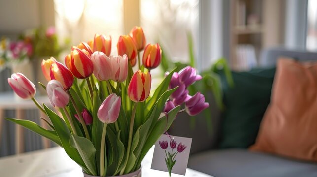 Close up of tulips on a table in a bedroom with a card celebrating International Women s Day