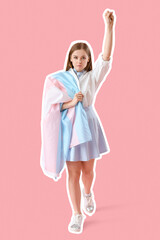 Poster - Young woman with transgender flag on pink background