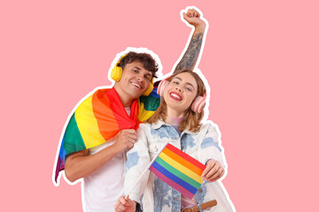 Poster - Young couple in headphones with LGBT flags on pink background