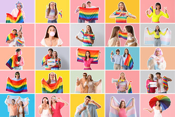 Sticker - Collage of many people with LGBT flags on color background