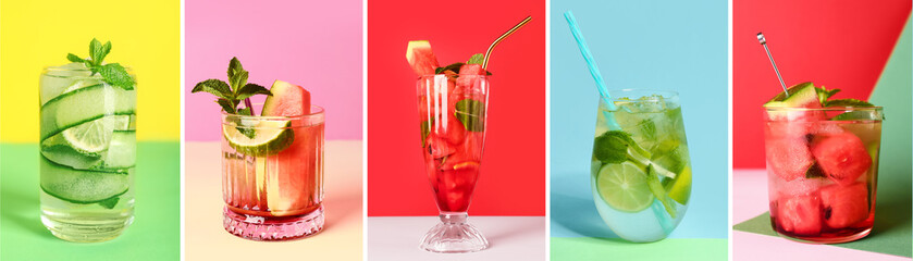 Wall Mural - Collage of different tasty Mojito cocktails on color background
