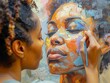© Natalia - an African American woman painting a self portrait on a canvas she is in her art studio Oil painting, V4 painterly
