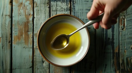 Spooning olive oil into a bowl placed on a wooden background