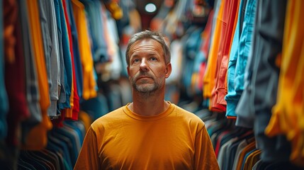 Middle-aged man in casual attire pondering amidst colorful apparel in a clothing store