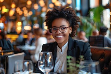 A woman wearing glasses and a black jacket is smiling at the camera. She is sitting at a table with a glass of wine in front of her. The scene is set in a restaurant