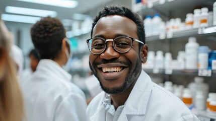 Wall Mural - A man in a white lab coat is smiling and looking at the camera. He is surrounded by bottles and other medical supplies