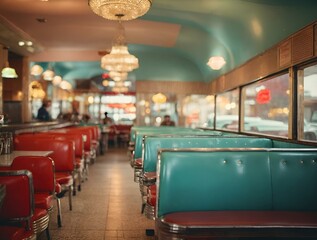 Canvas Print - AI-generated illustration of the Interior of a restaurant with booths, chairs, and ambient lighting