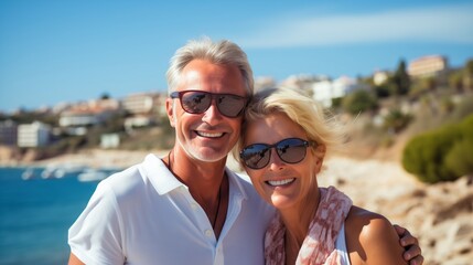 Poster - Summer portrait happy smiling mature couple together on sunny coast, enjoying beach vacation at sea