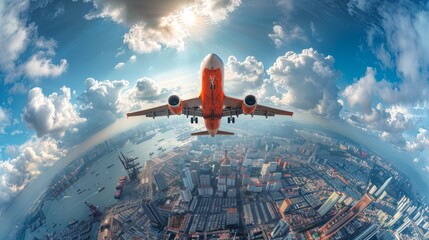 An aerial view of a commercial jet airplane flying above a densely packed industrial port zone