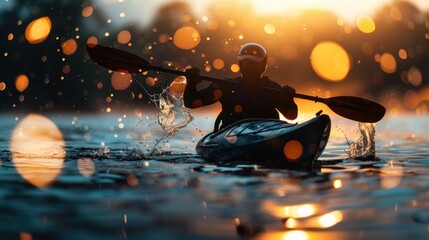 A man paddling a kayak in the water. The water is calm and the sun is setting