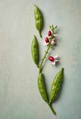 Poster - Green Stem with Red and White Flowers on Light Green Background