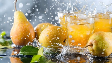 Wall Mural - Pear Fresh fruits beverage juice or cocktail in glass isolated on white background.