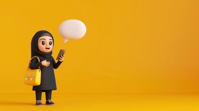 caricature of a woman with a hijab with a cell phone in her hand and a text cloud on a yellow background in high resolution and high quality. cartoon concept, religion, culture, muslim