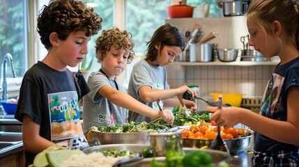 Boys and girls coming together to prepare a delicious meal