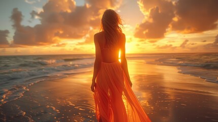 Wall Mural - A woman wearing an elegant orange dress stands contemplatively on a beach, watching a stunning sunset