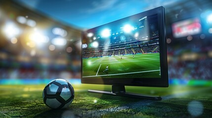 A soccer ball is on the field next to a television, football broadcast live on TV