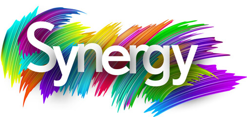 Wall Mural - Synergy paper word sign with colorful spectrum paint brush strokes over white.