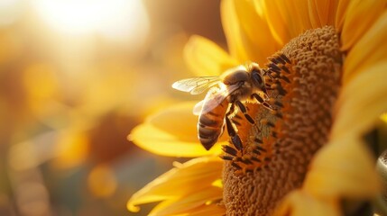 A bee is on a yellow flower, sunflower background