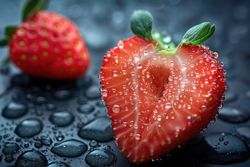 Wall Mural - super realistic photo of fresh strawberries with water droplets on dark background