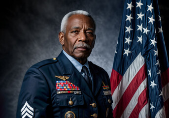 Veterans Day. Elderly african american man dressed in military uniform with medals on his chest standing in front of an American flag