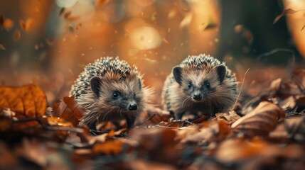 Wall Mural - Two hedgehogs walking through autumn leaves. Suitable for nature or animal themes