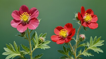 Poster - Red Flowers with Green Leaves on a Green Background