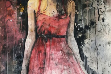 Wall Mural - A beautiful painting of a woman in a striking red dress. Ideal for fashion or art concepts