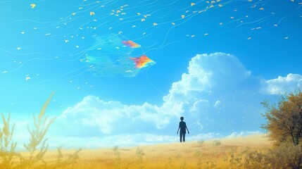 Wall Mural - person running in the field with kite.